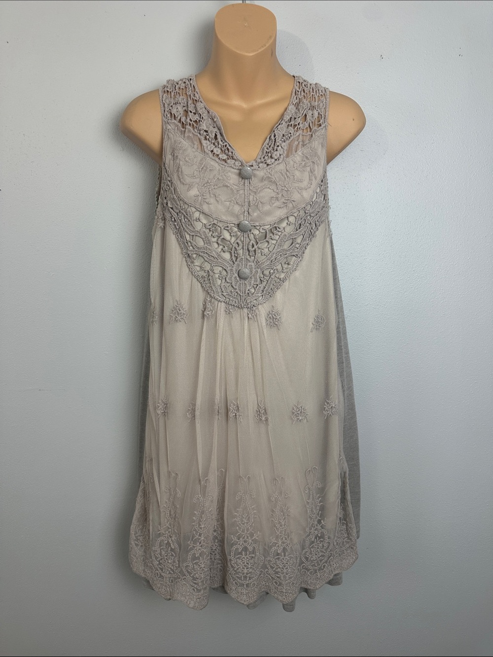 A'Reve Beige Lace-Accent Romantic Fairycore Mini Dress